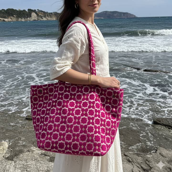 craftberber - Wholesale Tote Bag - Women's - Handmade Moroccan Brocade Tote – Pink & Gold Pattern3