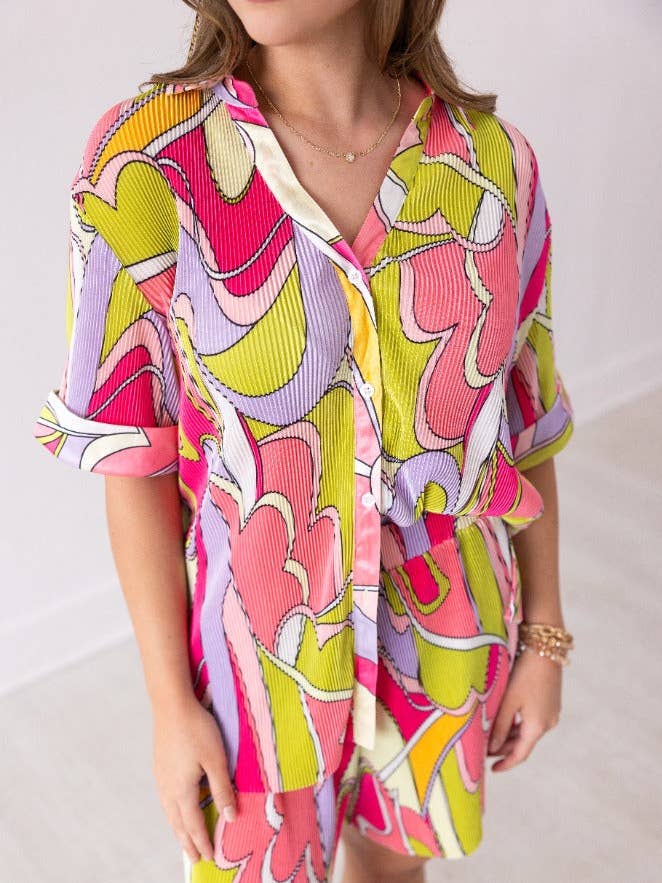 Pleated Abstract Print Button-Up for wholesale by GRACE+EMMA by Southern Grace