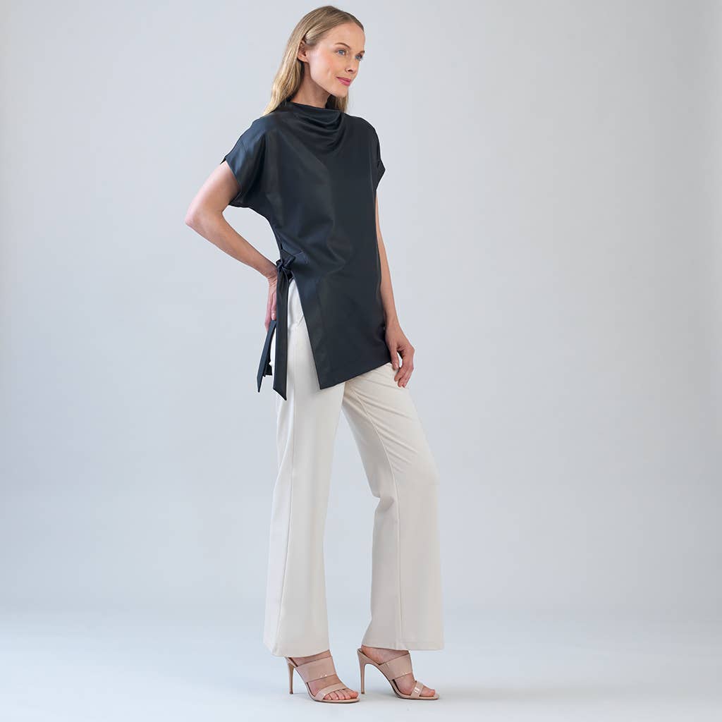 BLACK TU23LR - Liquid Leather ™ - Funnel Neck Side Vent Tie Tunic for wholesale on Faire1