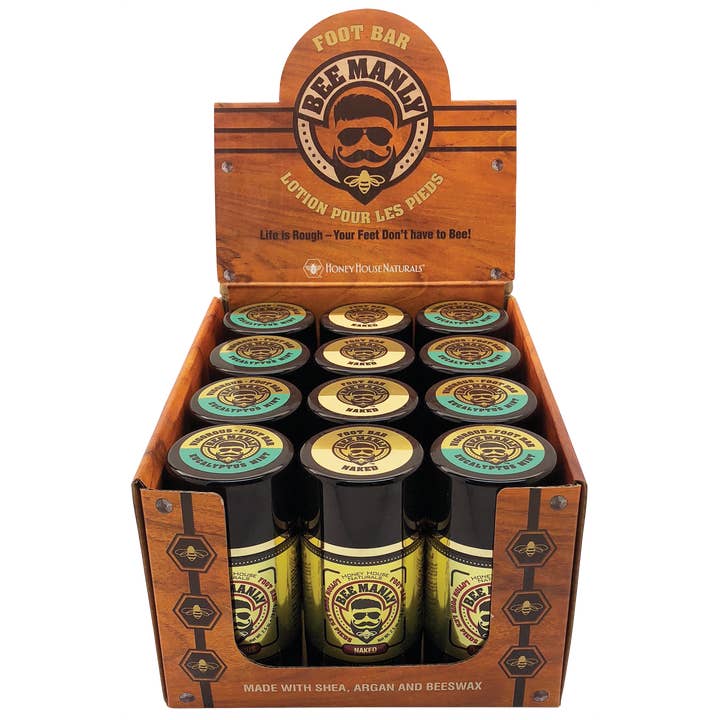 Bee Manly Foot Bar Display - 12 Piece - Free Tester for wholesale by Honey House Naturals