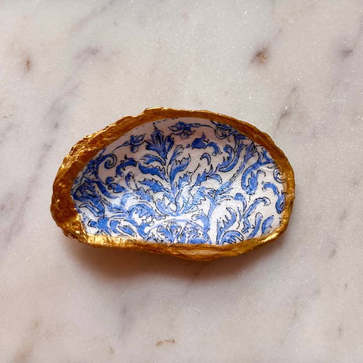 Del Mar Designs DC - Vente Plateaux à bijoux - Assiette à bijoux en coquille d’huître avec motif carrelage portugais bleu