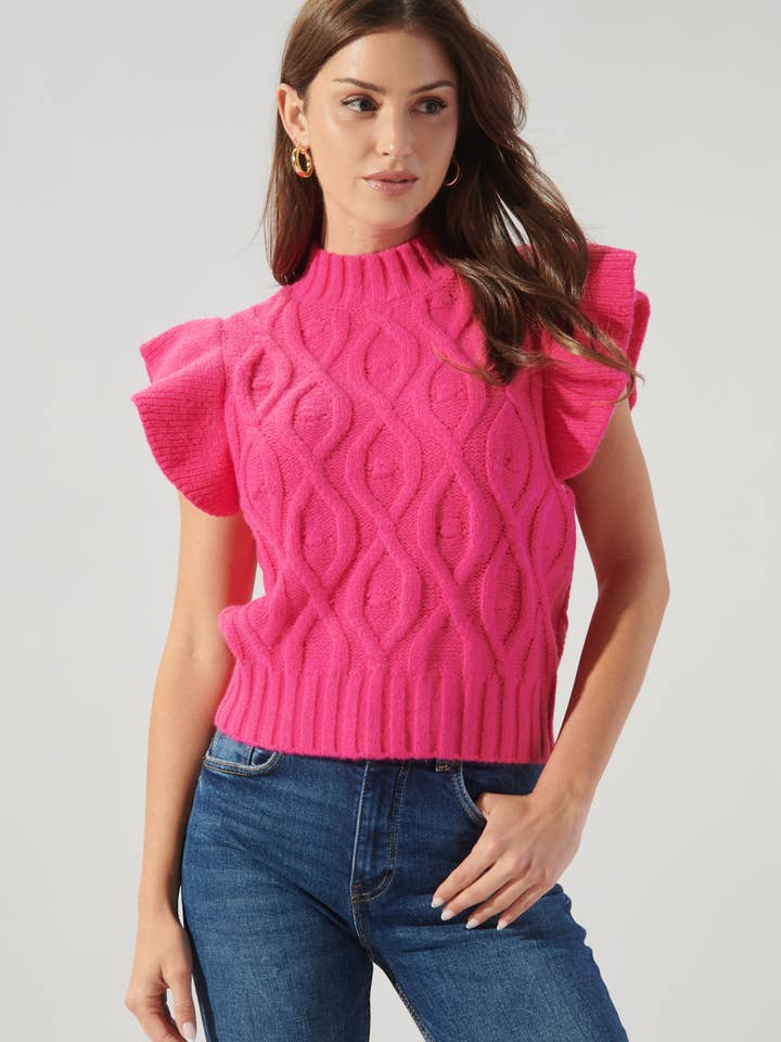 Sugarlips - Wholesale Knit Sweater - Women's - Tatum Flutter Sleeve Cable Knit Sweater Top