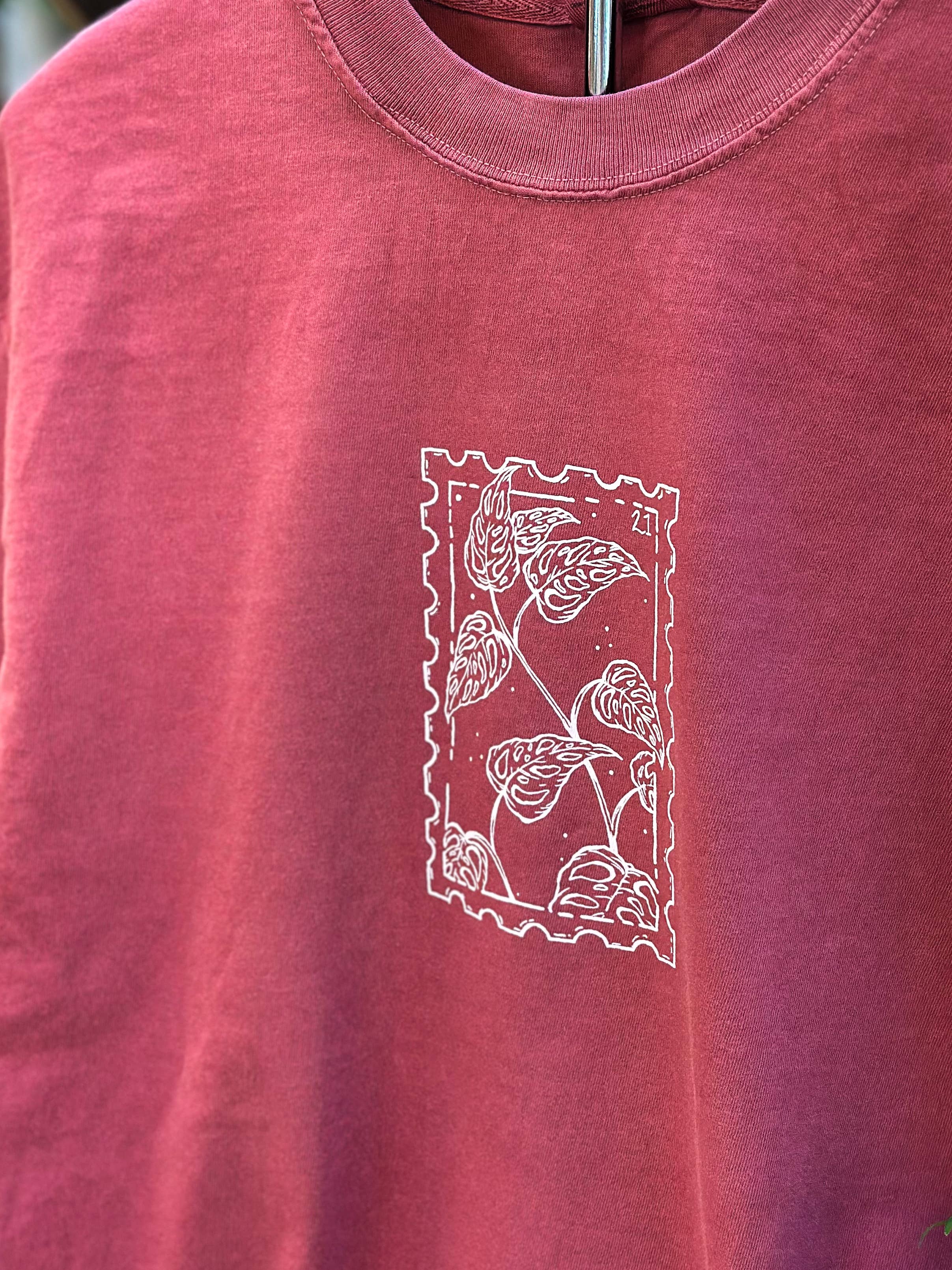 The Plant Supply - Wholesale Screen Printed T-Shirt - Unisex - Monstera Plant Postage Stamp T-shirt Comfort - Washed Red1