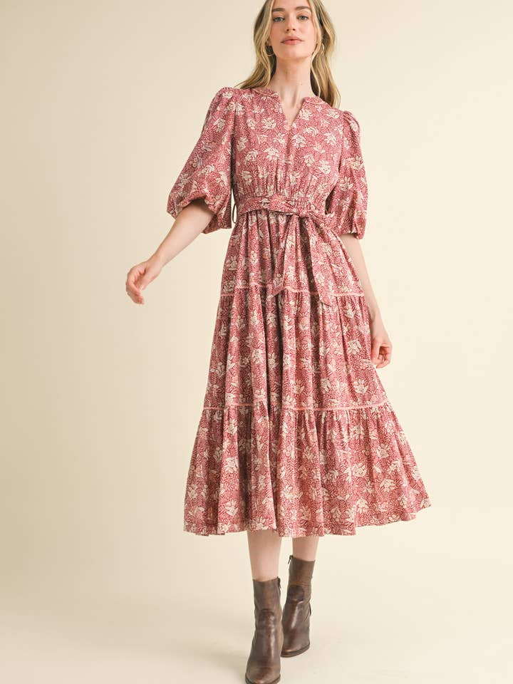 &MERCI - Wholesale Dress - Women's - BUBBLE SLEEVE LACE TRIM MIDI DRESS MDR343015