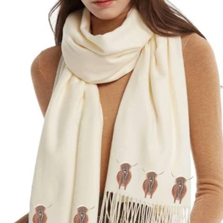 Cashmere Feel Luxury Scarf Handprinted with Highland Cows 🧣 for wholesale by Art on Scarves
