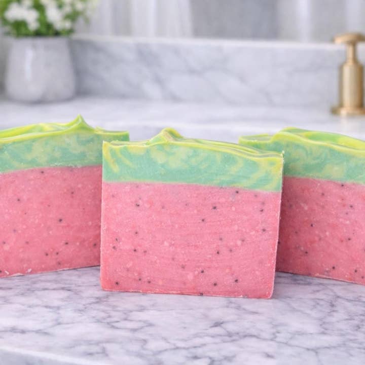 Handmade Watermelon Goat Milk Cold Process Soap for wholesale by Daisy Chain Farm