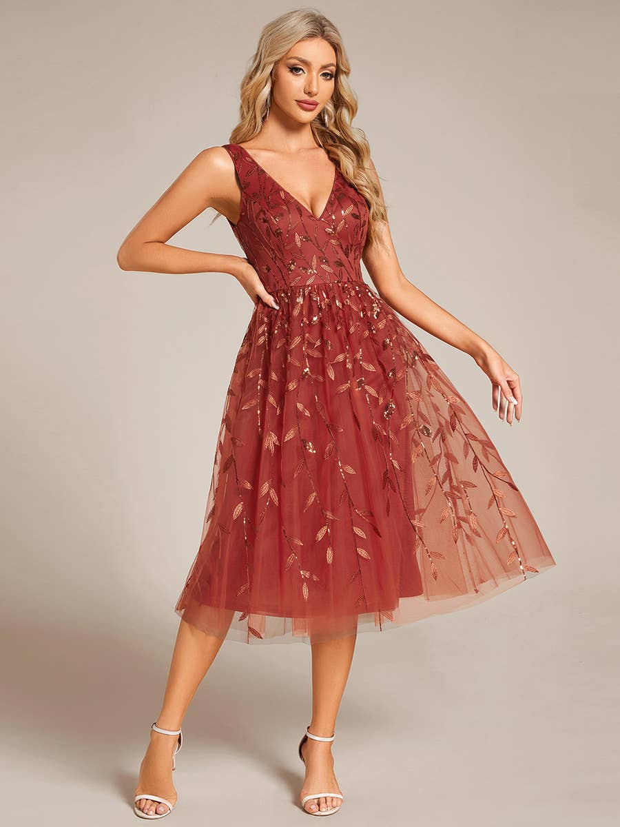 Ever-Pretty - Wholesale Jurk - Dames - Midi-trouwjurk met V-hals en pailletten en mouwloos20