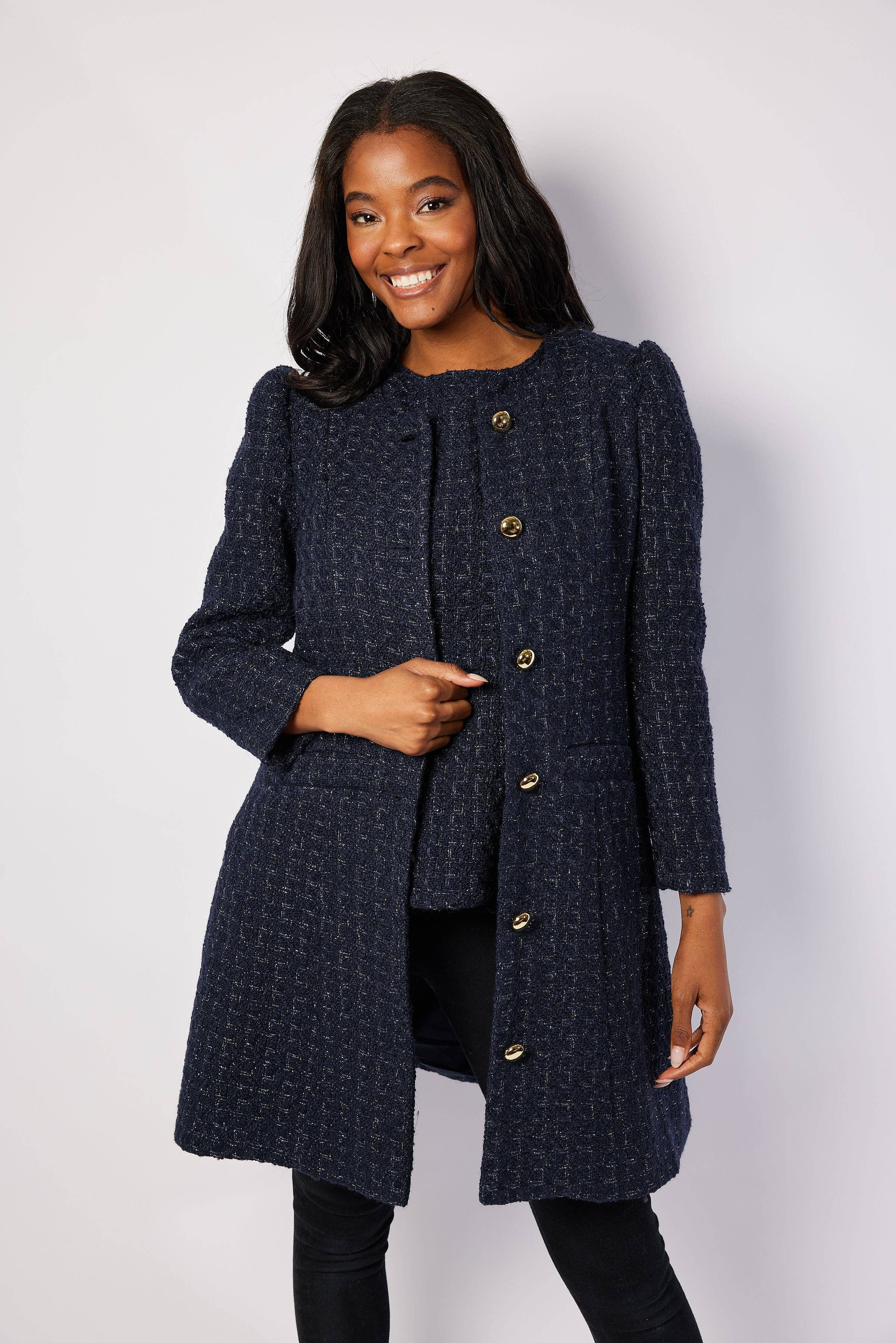 Navy Metallic Tweed Button Front Coat for wholesale on Faire4