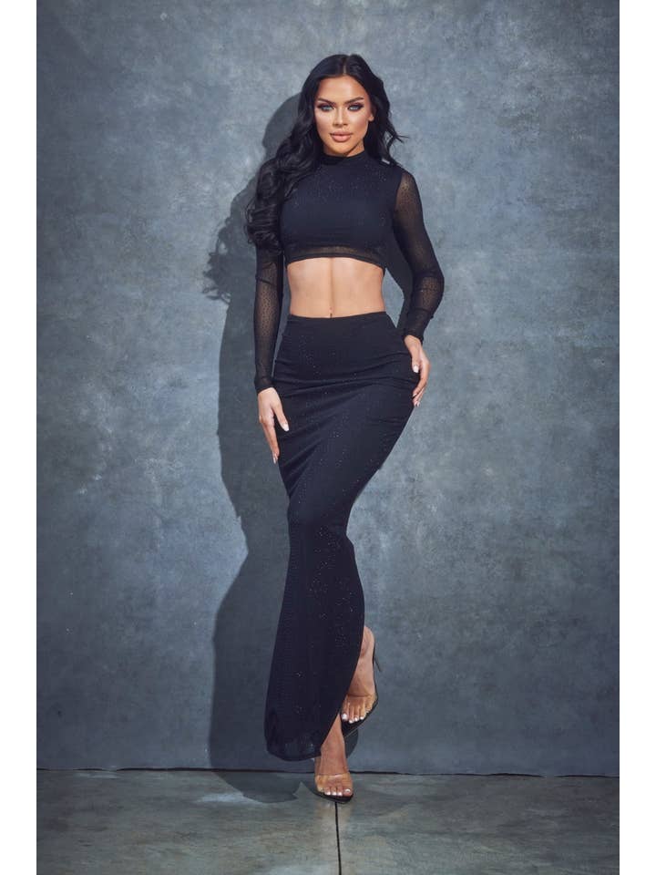 Black 2 PC Rhinestone Mesh Skirt Set for wholesale on Faire
