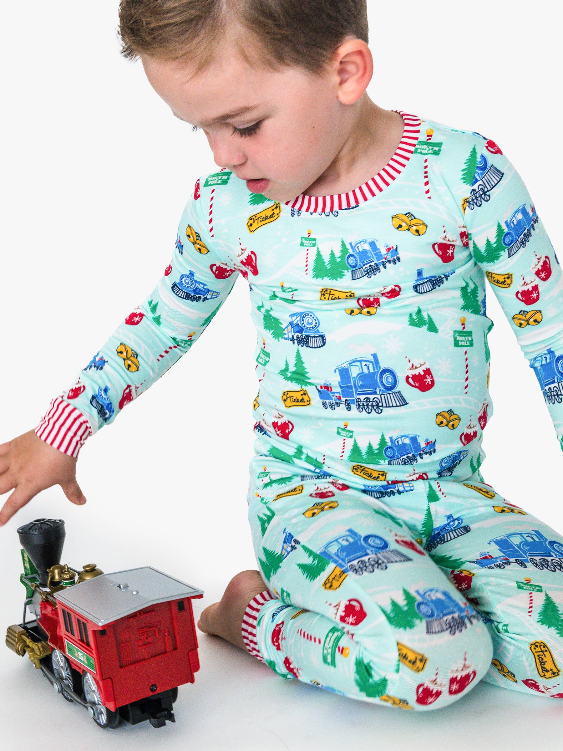 Blue SoftSnooze™ Kids Bamboo Viscose Snowy Train Tracks Long Sleeve Pajama Set for wholesale on Faire0