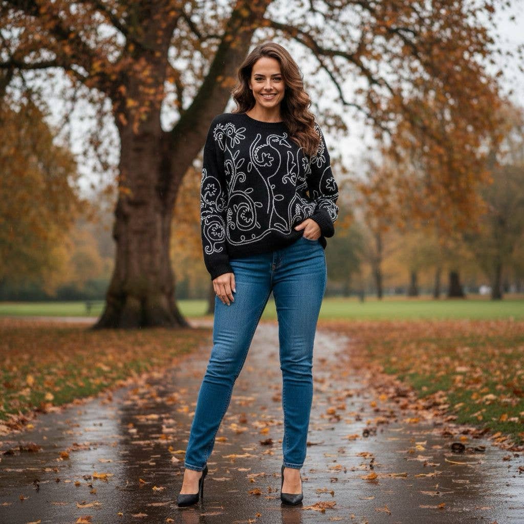 Kurt Muller - Vente Pull en maille – femme - Pull en maille toucher doux avec broderie à points contrastés3