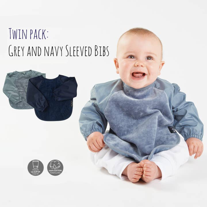 Mum 2 Mum Long Sleeved Wonder Bibs Twin-pack in Grey / Navy for wholesale by Baby&More Ltd