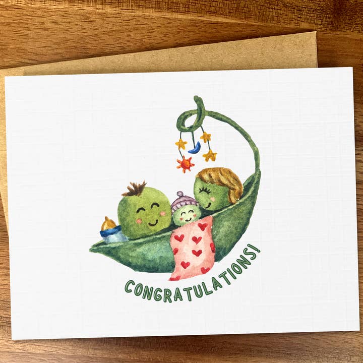Pink Hill Press - Wholesale Baby Card - Three peas in a pod baby shower card, Boy girl new baby, A2