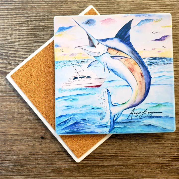 Blue Marlin Sandstone Coaster for wholesale by Angie Bryan Creations