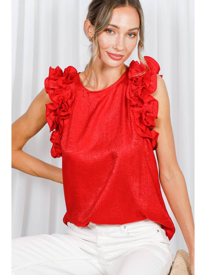 Vine & Love - Vendita all'ingrosso Camicetta - Donna - Blusa senza maniche metallizzata in tessuto intrecciato con volant plissettati VT60373A20