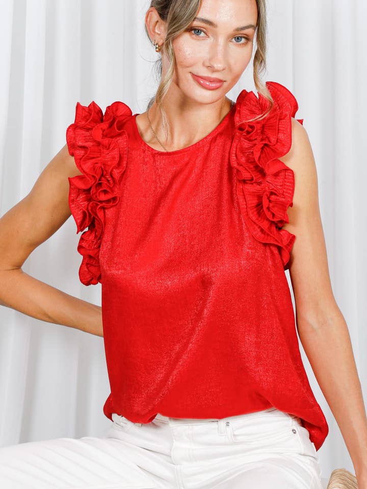 Pleated Ruffle Trim Metallic Woven Blouse Top VT60373A for wholesale by Vine & Love