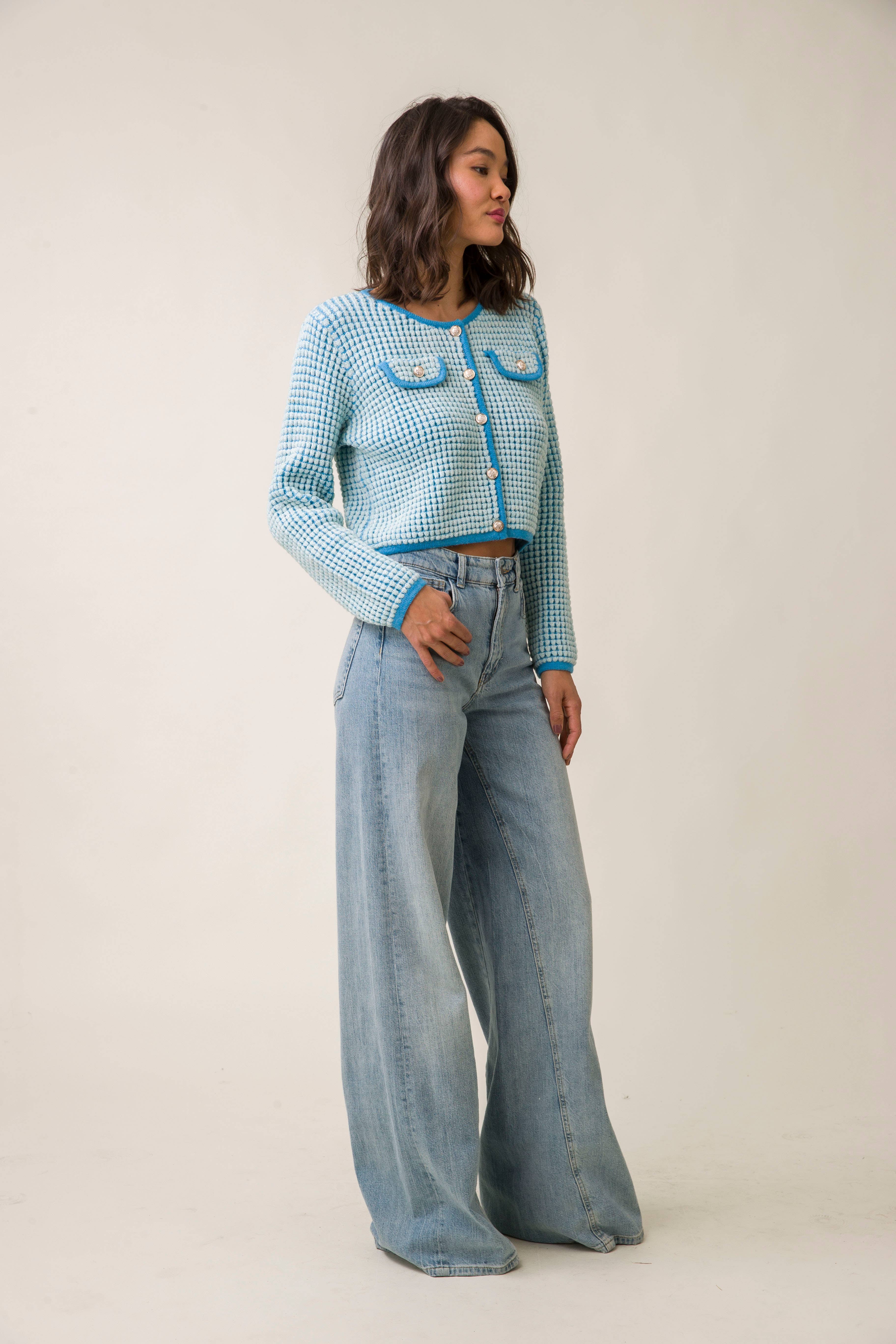 French Blue WARM YOUR HEART CARDIGAN for wholesale on Faire1