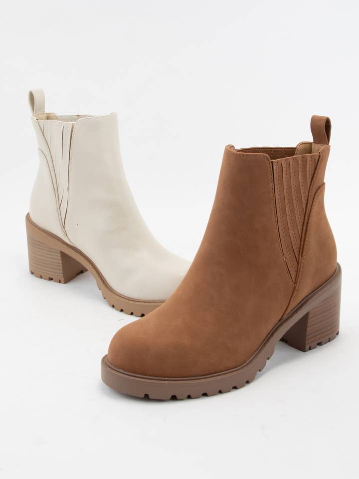 BONE PU WISELY CHUNKY BLOCK HEEL PULL ON ANKLE BOOTIES for wholesale on Faire