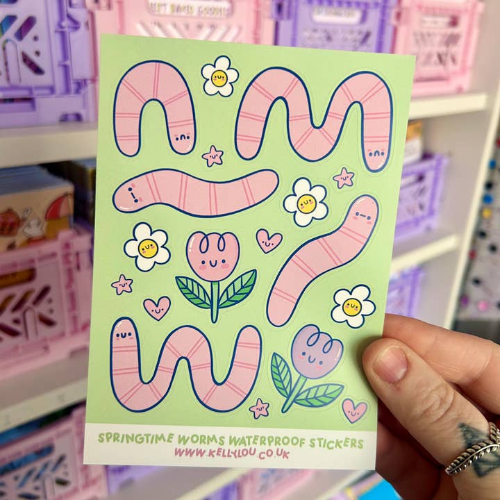 Spring Worms Vinyl Sticker Sheet for wholesale by Kellylou