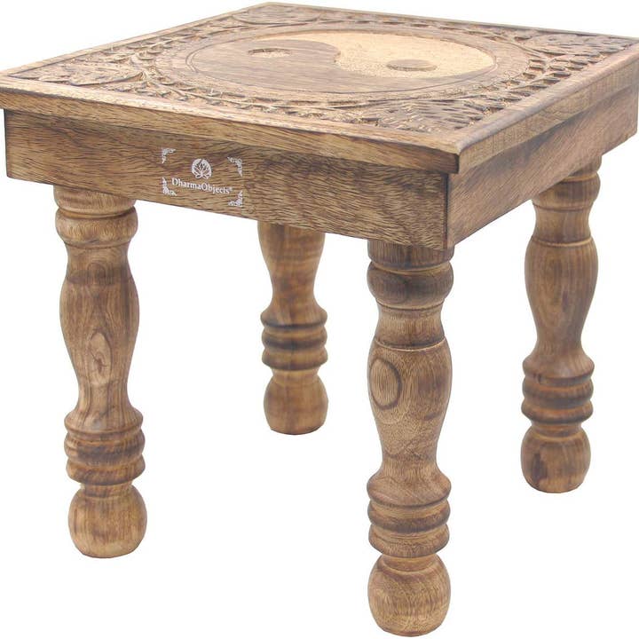 Lungta Imports - Wholesale Vase - Solid Mango Wood Hand Carved Prayer Puja Shrine Altar Meditation Table Yin Yang2