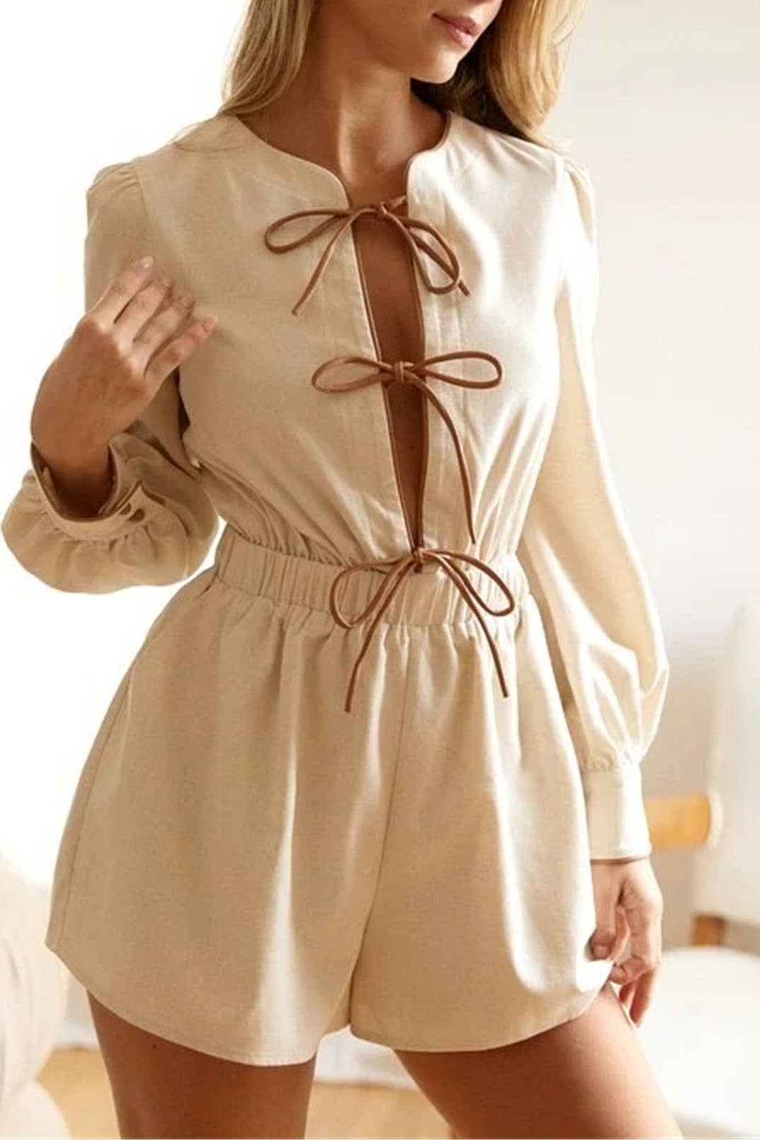 Rosa Clothing - Wholesale Romper - Women's - contrast bow tie front closure long sleeve romper2