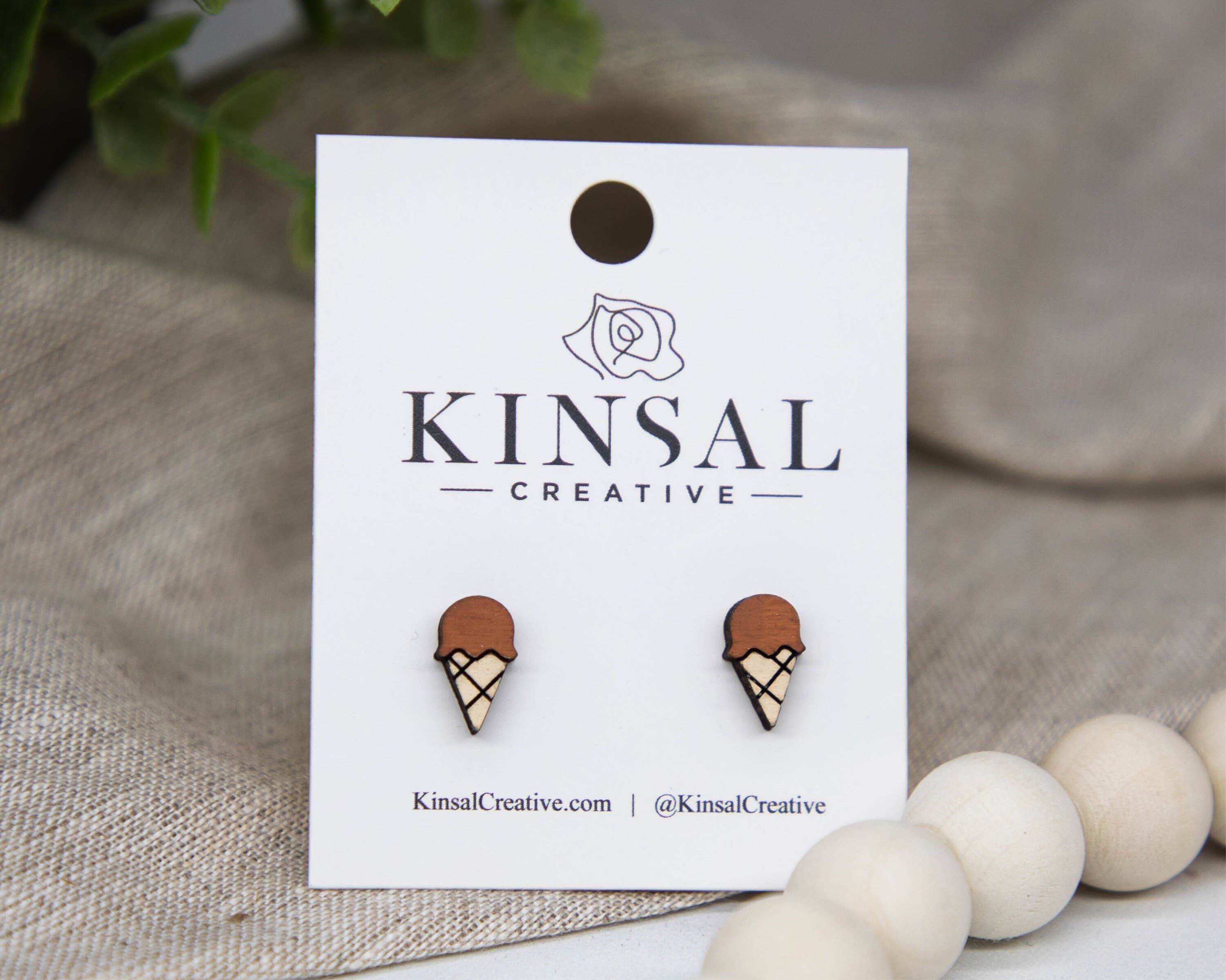 Kinsal Creative – wholesale Stud/post earrings – Ice Cream Waffle Cone Wood Stud Earrings6