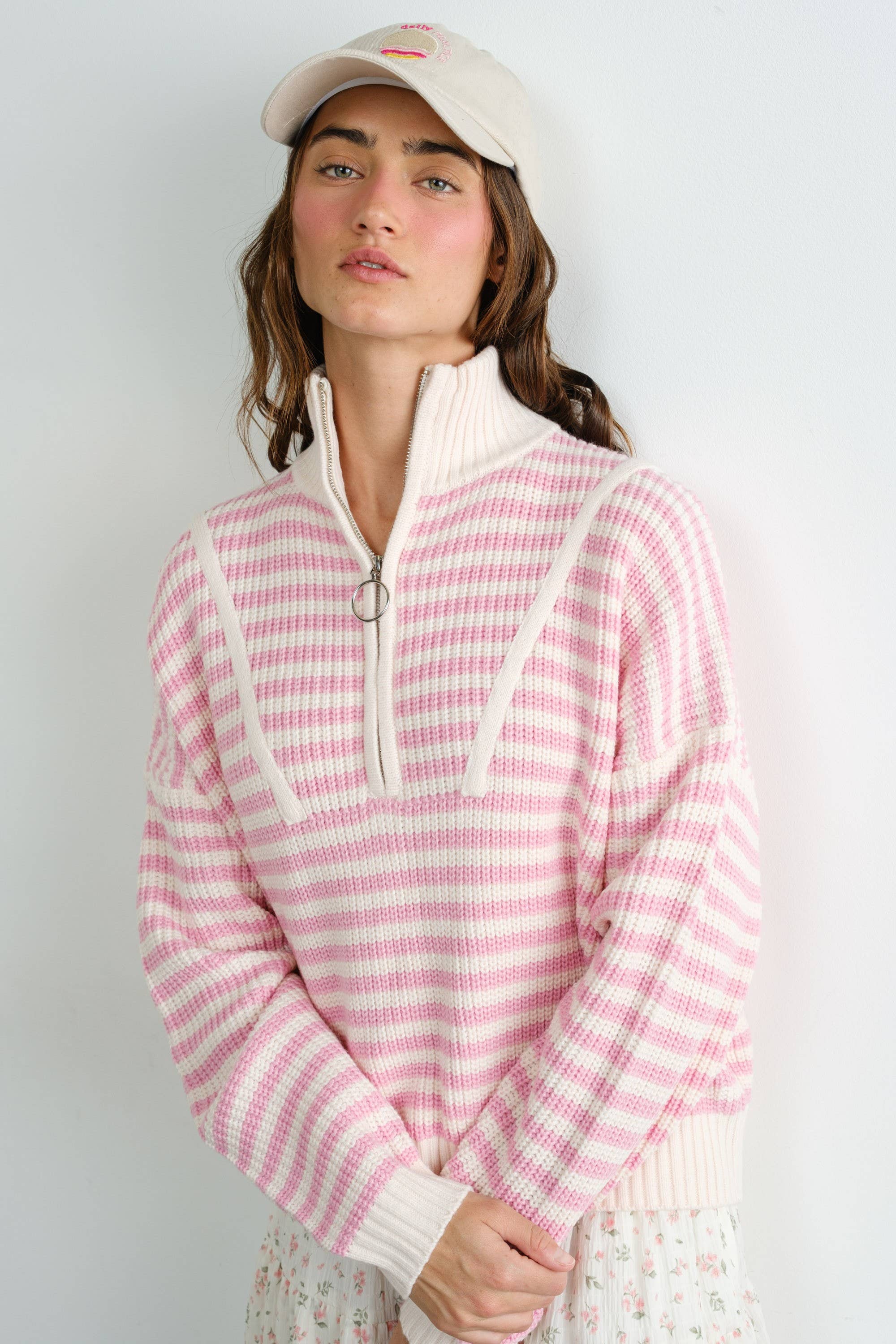 Creamon – wholesale Pullovertröja - Dam – Preppy kalifornisk halvzip-randig tröja-BLÅ16