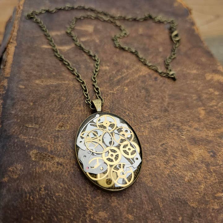 The Seedy Merchant - Wholesale Pendant/Charm Necklace - Steampunk Bronze Oval Necklace Upcycled Watch Parts Gears