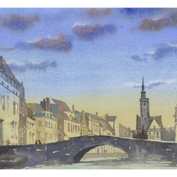 Bruges, Belgium sunset painting. Watercolor painting Belfry of Bruges rising over medieval builidngs of city. Bruges skyline artwork watercolor sunset (print) for wholesale by Ryan Fox Fine Art