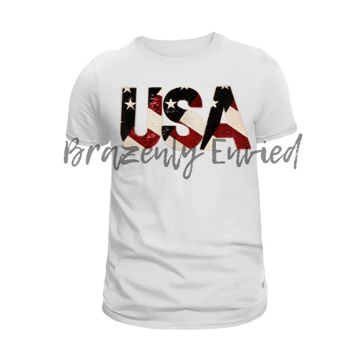 USA Sequins Patch measures @ 6.5"h x 12"w Beautiful Patch Great for Memorial day and 4th of July for wholesale by Brazenly Envied