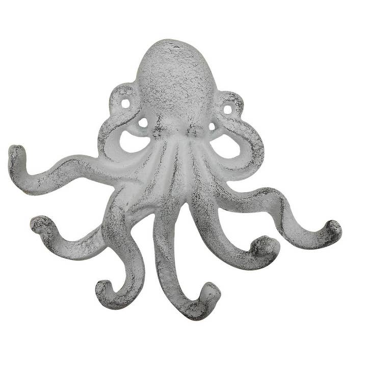 Pieuvre murale décorative en fonte blanchie à la chaux avec six crochets 7" pour la vente par Hampton Ironworks