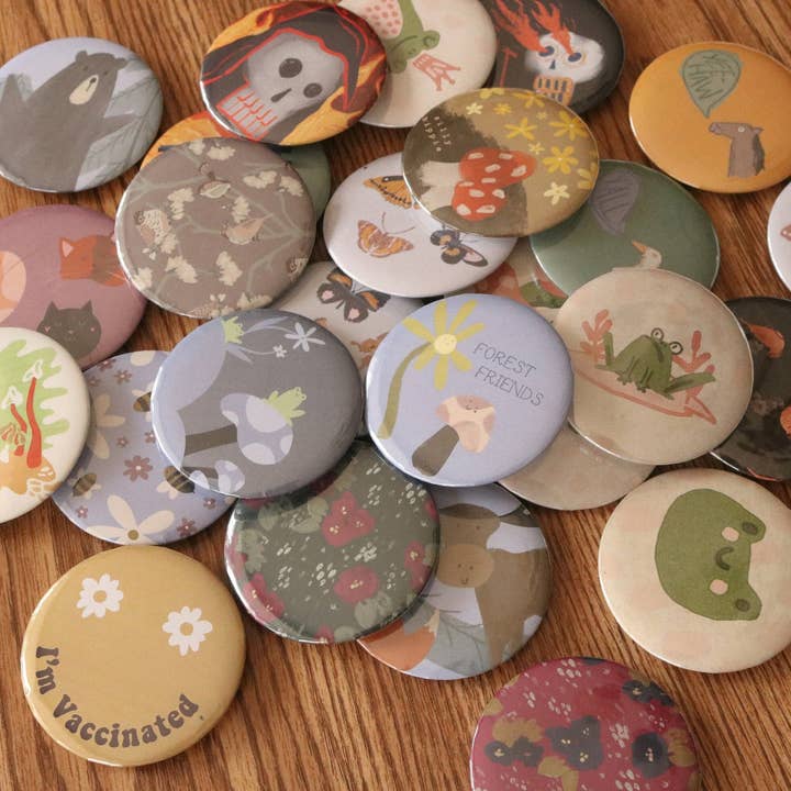 Badge Buttons, Skull, Mushroom, Frog, Fire, Butterflies for wholesale by Ashley Waddell Crafts