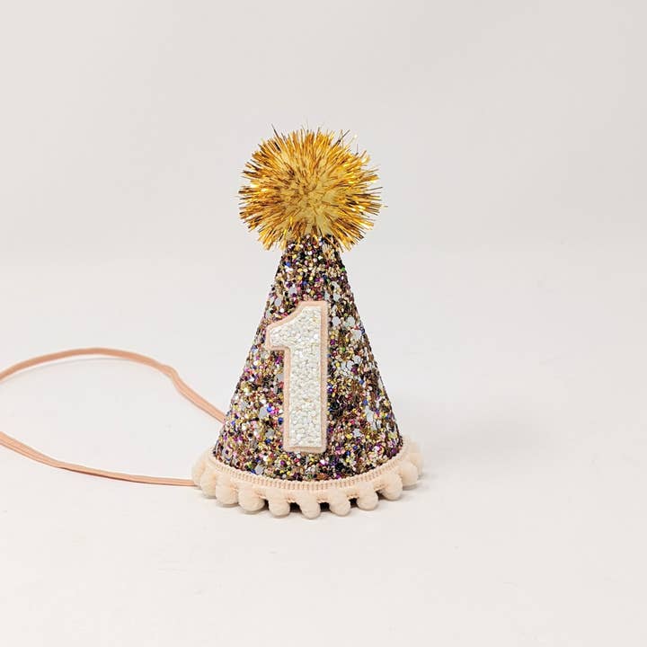 Confetti Hat, Blush Trim and Gold Tinsel Pom for wholesale by Little Blue Olive