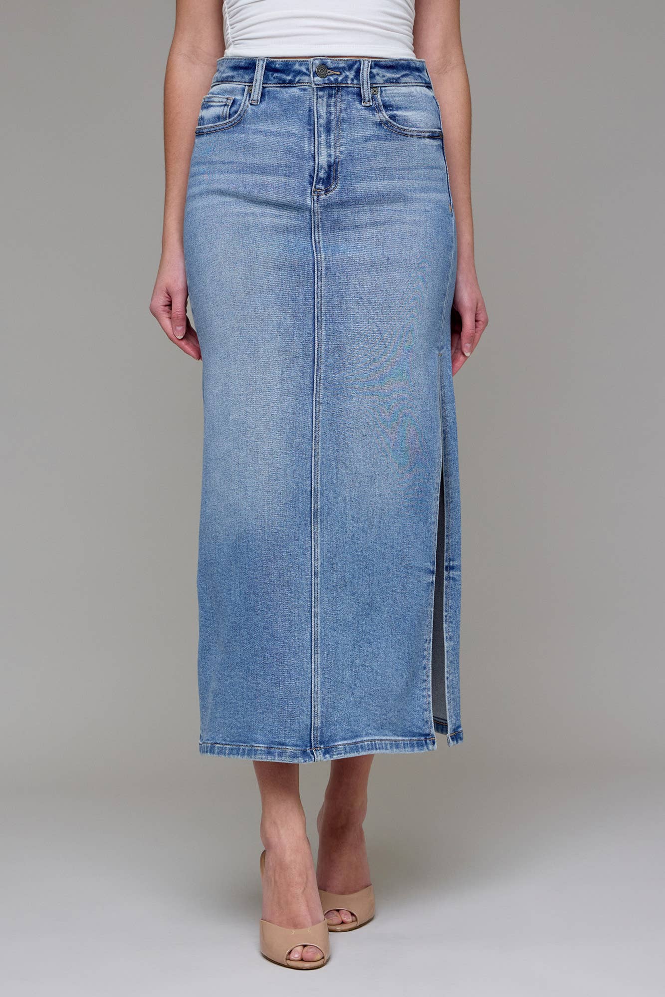 Hidden Jeans - Wholesale Skirt - Women's - Medium Light Side Slit Stretch Midi Skirt3