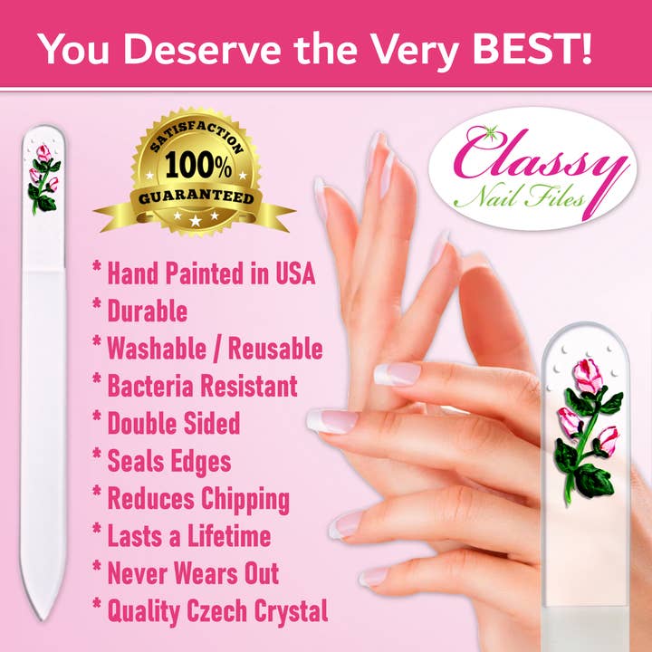 Classy Nail Files – wholesale Nagelfil – Rosenknoppar Rosa Blomma Gåva Handmålad Kristallnagelfil2