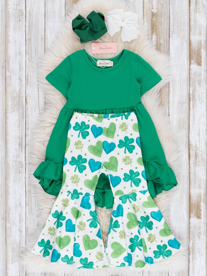 Marie Nicole Clothing - Wholesale Top & Pant Set - Kids - Green Hearts & Clovers Ruffle Outfit - Restocked!