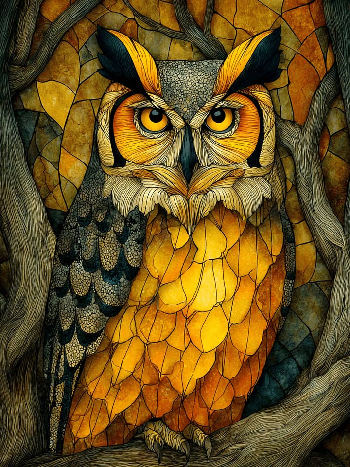 Stiliseret kunsttryk af stor hornugle - 8"x10" kunstværk til 11"x14" ramme for engroshandel hos Mowbi