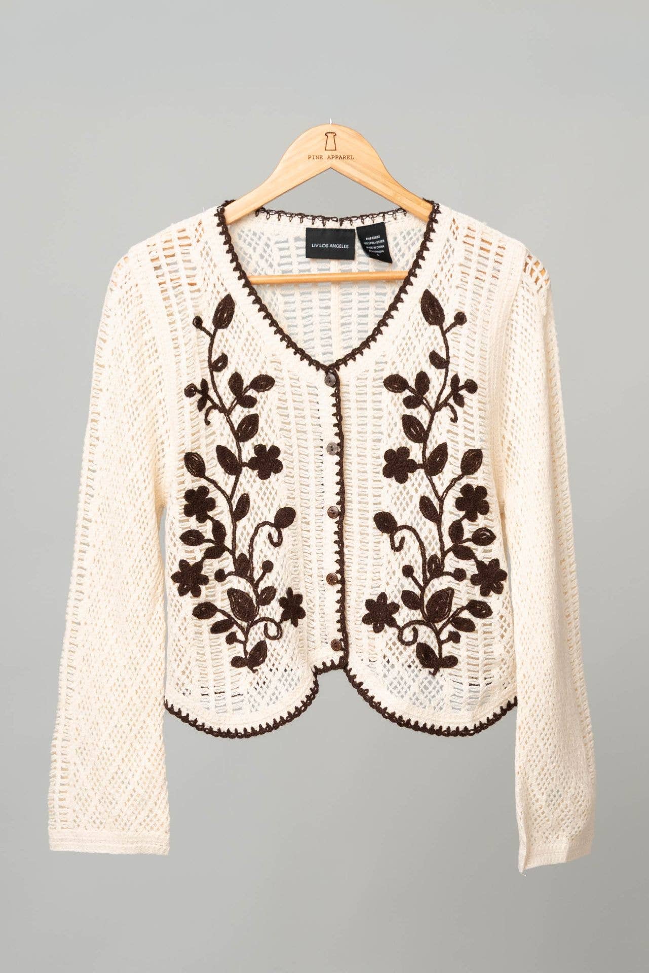 Natural Dark Brown Embroidered Crochet Button Front Cardigan for wholesale on Faire