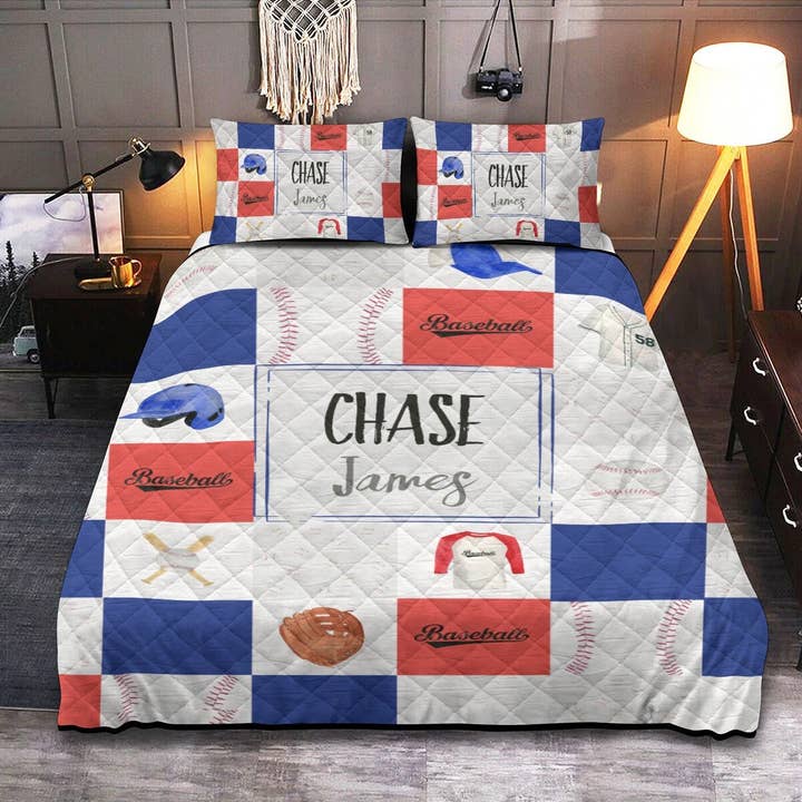 Baseball Patchwork Personalized Quilted Bedspread Set for wholesale by Empowering Decor
