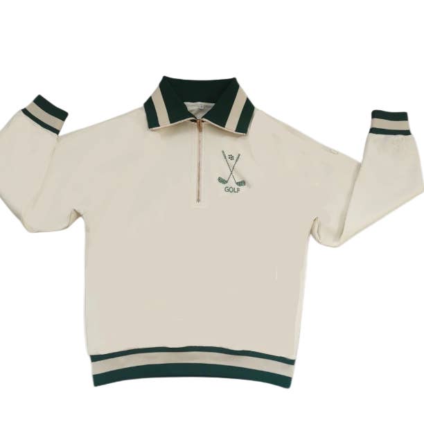 The Fairway Luxe Rhinestone Pullover – Cream & Kelly Green for wholesale by Ashley Herrera Luxury Activewear