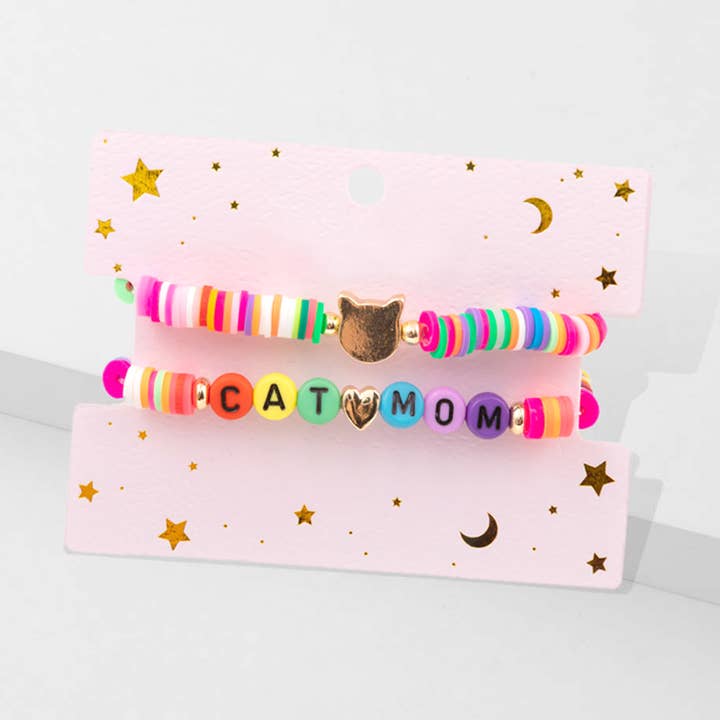 2PCS - CAT MOM Heishi Beaded Stretch Bracelets for wholesale by Sensibling Corp.