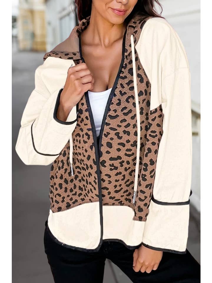 Brown Leopard Hooded Patch Contrast Open Front Jacket | S-XL for wholesale on Faire