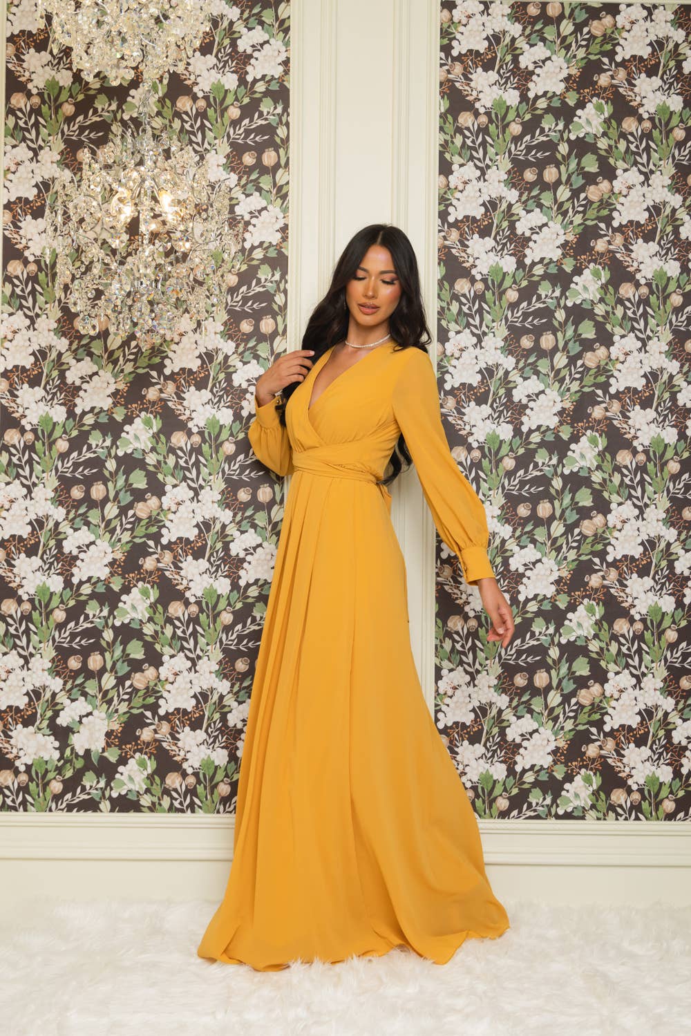 RICARICA INC. - Vendita all'ingrosso Vestito - Donna - 9011SO-ABITO LUNGO IN CHIFFON A MANICA LUNGA TINTA UNITA 1