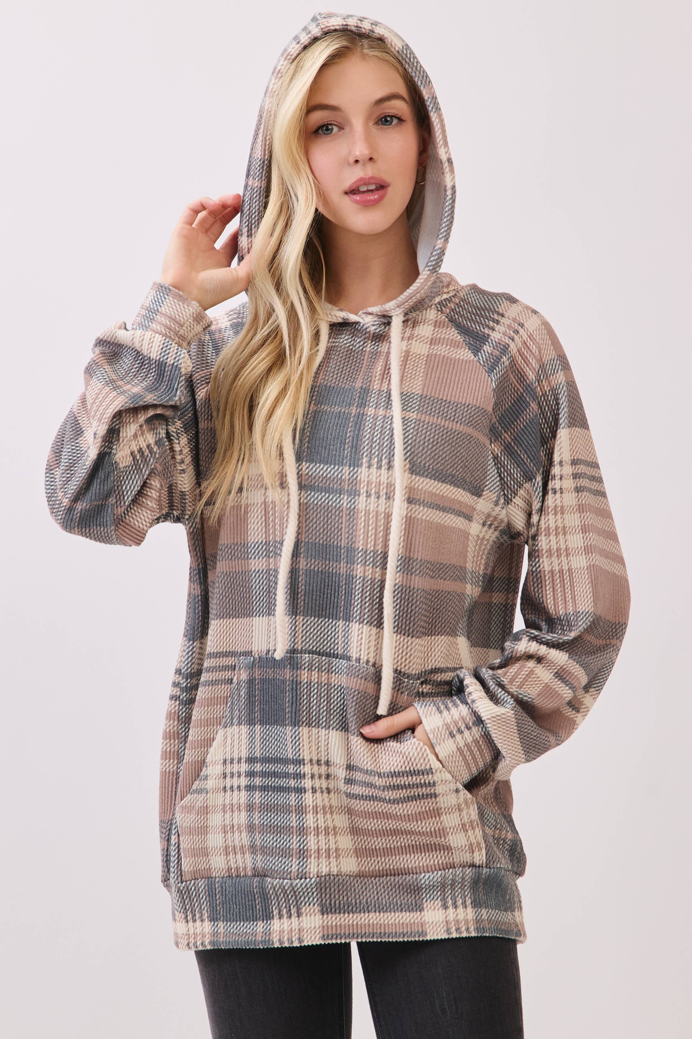 TL2083 Cozy Plaid Knit Hoodie for wholesale on Faire