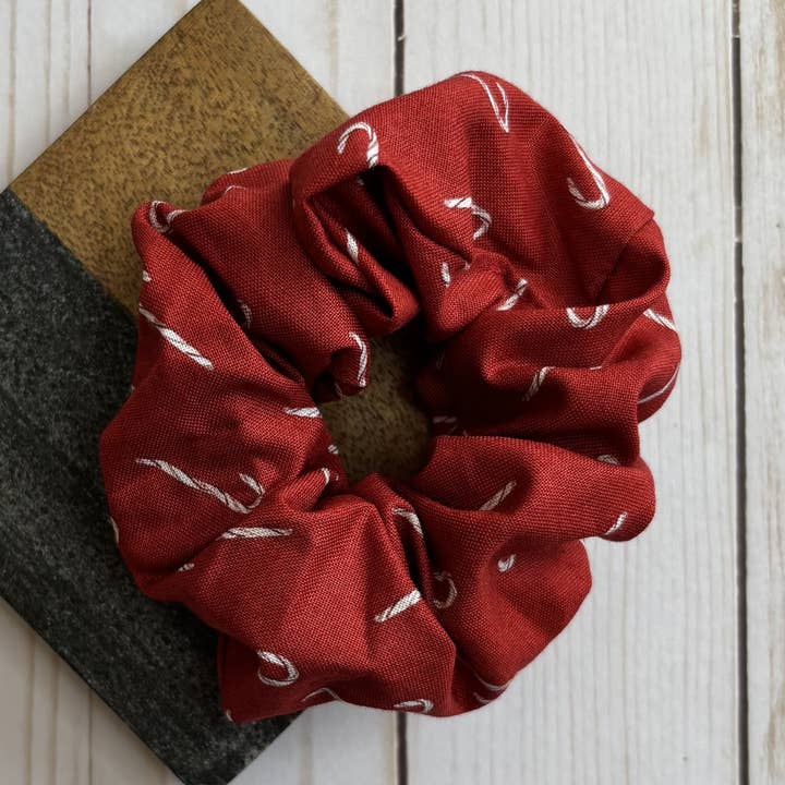 Red with Candy Cane Christmas Handmade Scrunchie for wholesale by QuietJoy