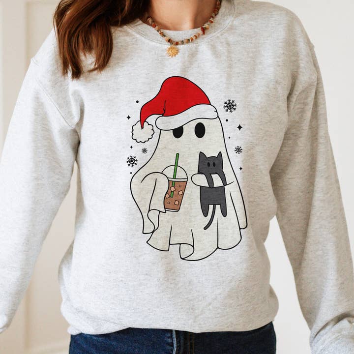 Cat, Coffee, Christmas Ghost Unisex Heavy Blend Crewneck Sweatshirt for wholesale by with love, aj.