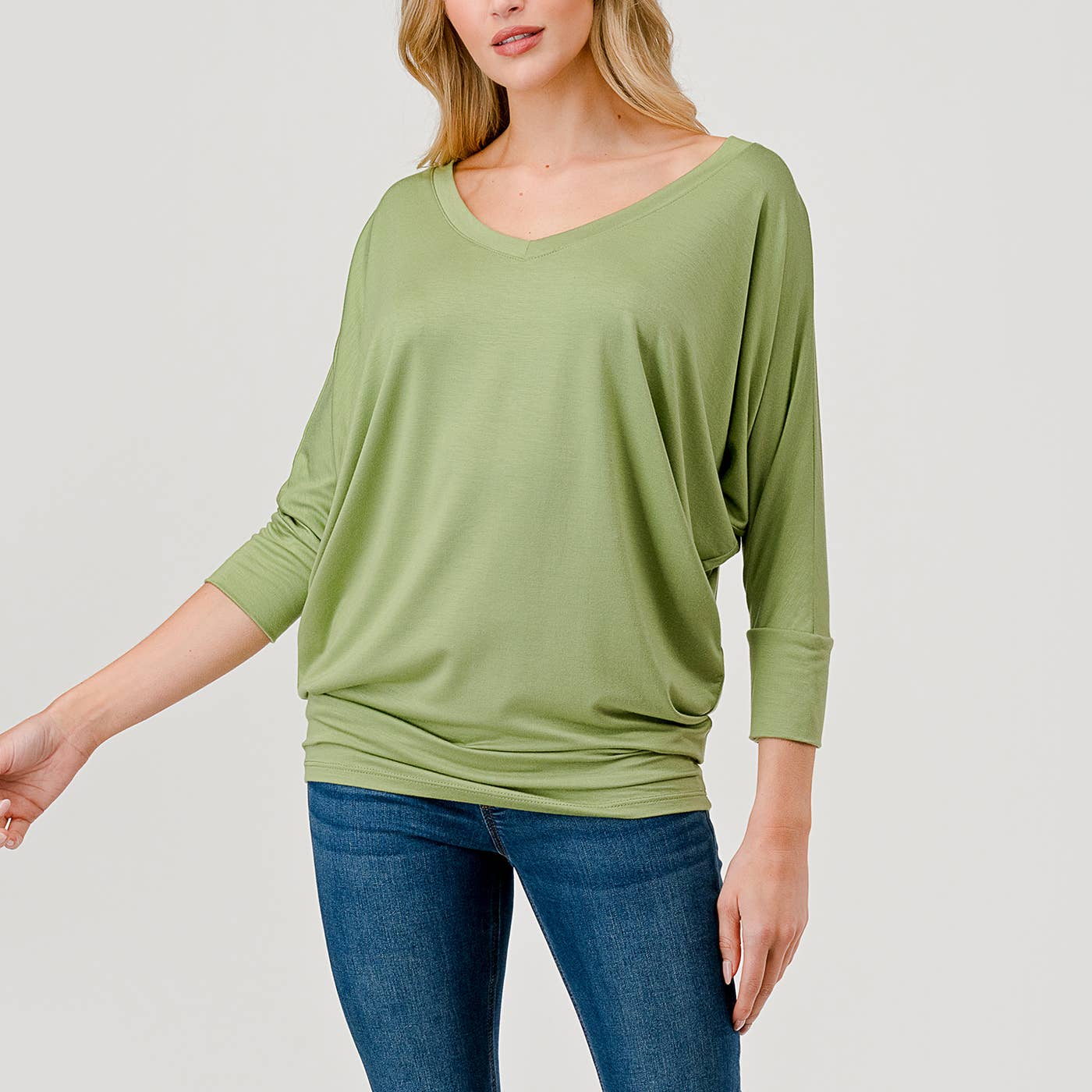 Heimious - Wholesale Knit Top - Women's - 3/4 Dolman Sleeve V-neck Modal Jersey Top, 257388