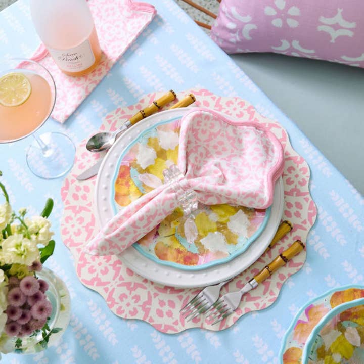 Laura Park Designs - Wholesale Dinner & cloth napkin - Porto Tiles Blush Scalloped Dinner Napkins1