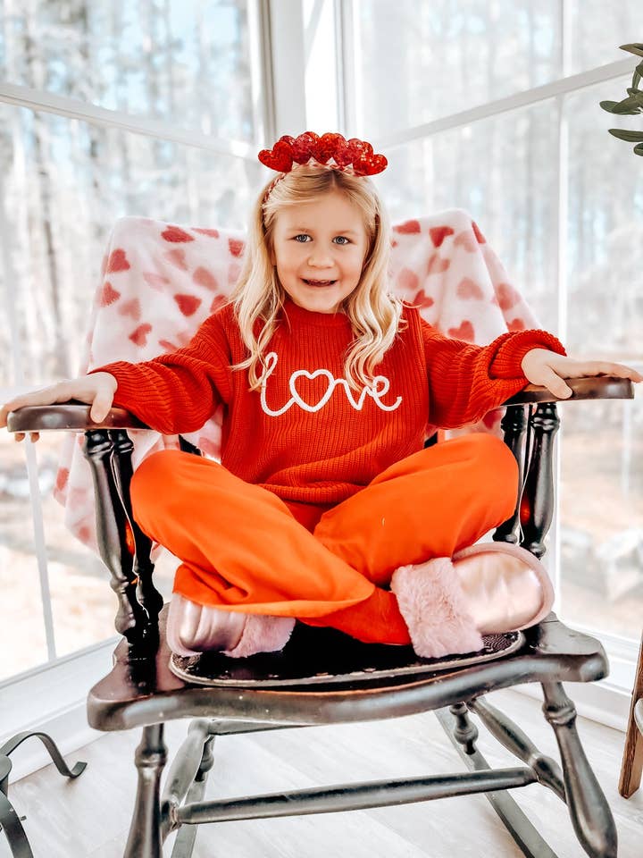 Rylee Faith Designs - Wholesale Knit Sweater - Kids - Valentine’s Day Girls Red Knit Sweater – "Love" Heart Embroidery Long Sleeve Pullover3