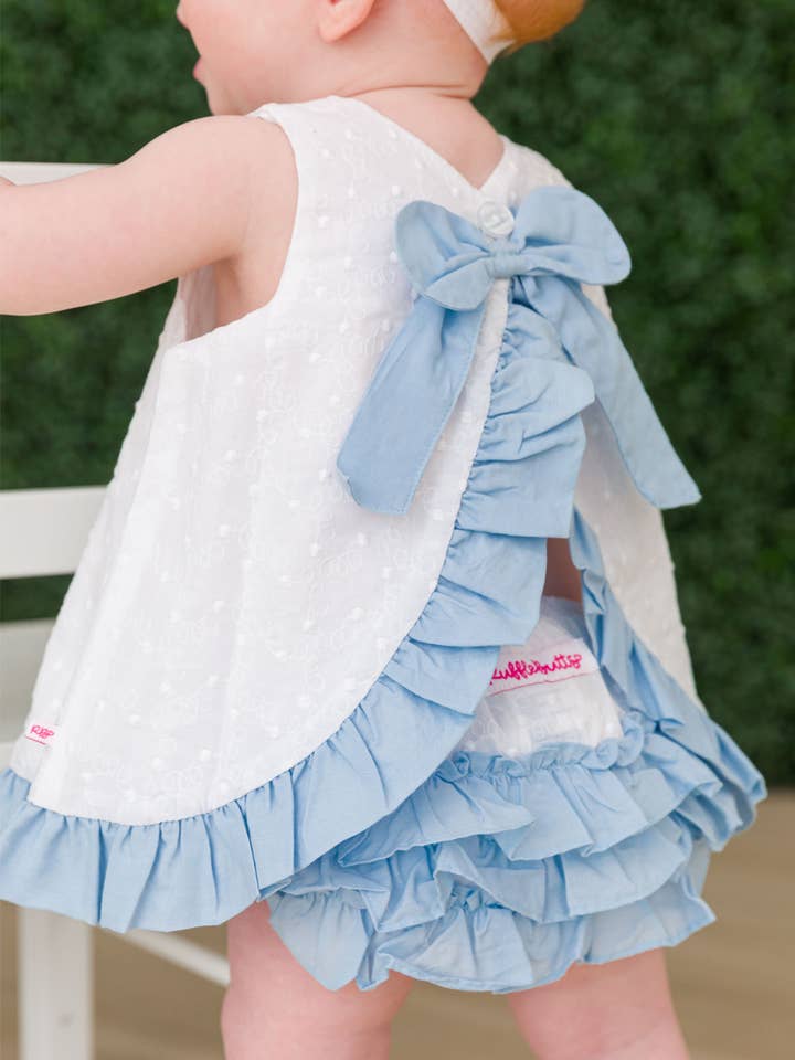 Baby Girls White & Light Blue Swiss Dot Swing Top & Bloomer Set
for wholesale on Faire